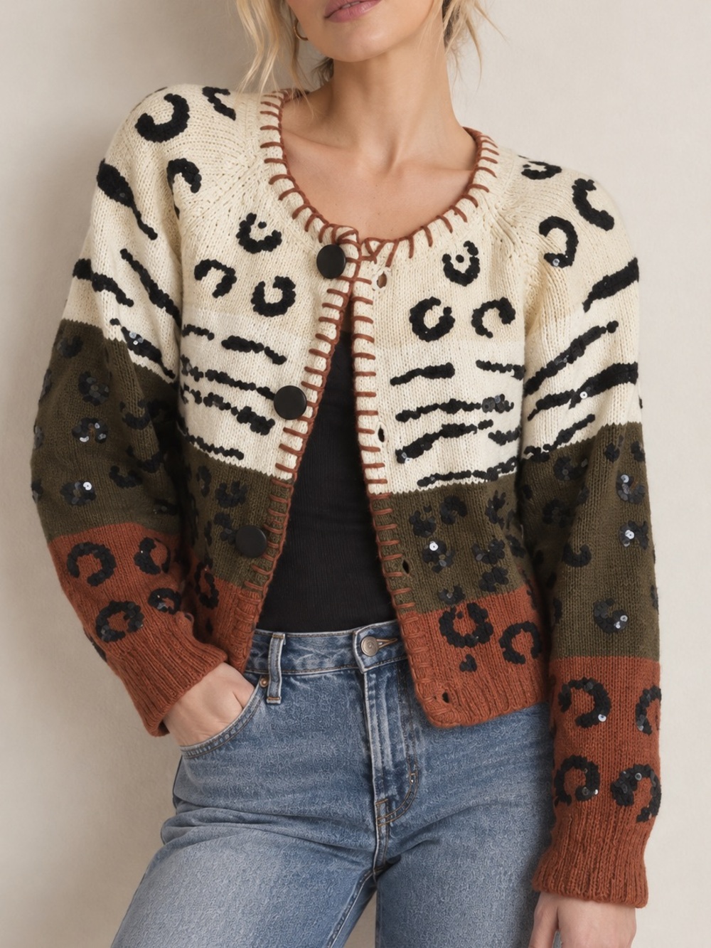 Vtg Work In Progress Glady’s Bagley Leopard Tiger Sequin Knit Cardigan Sweater